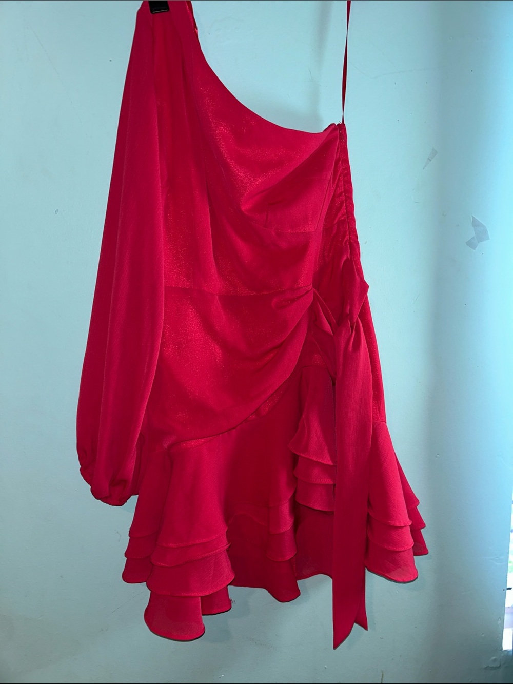One-Shoulder Ruffle Mini Dress - Bright Fuchsia - Picture 2 of 7